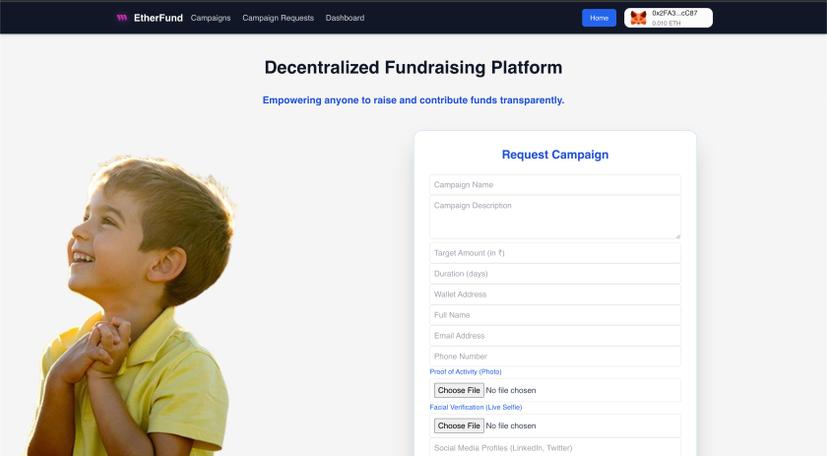 Decentralised Fundraising Platform Screenshot